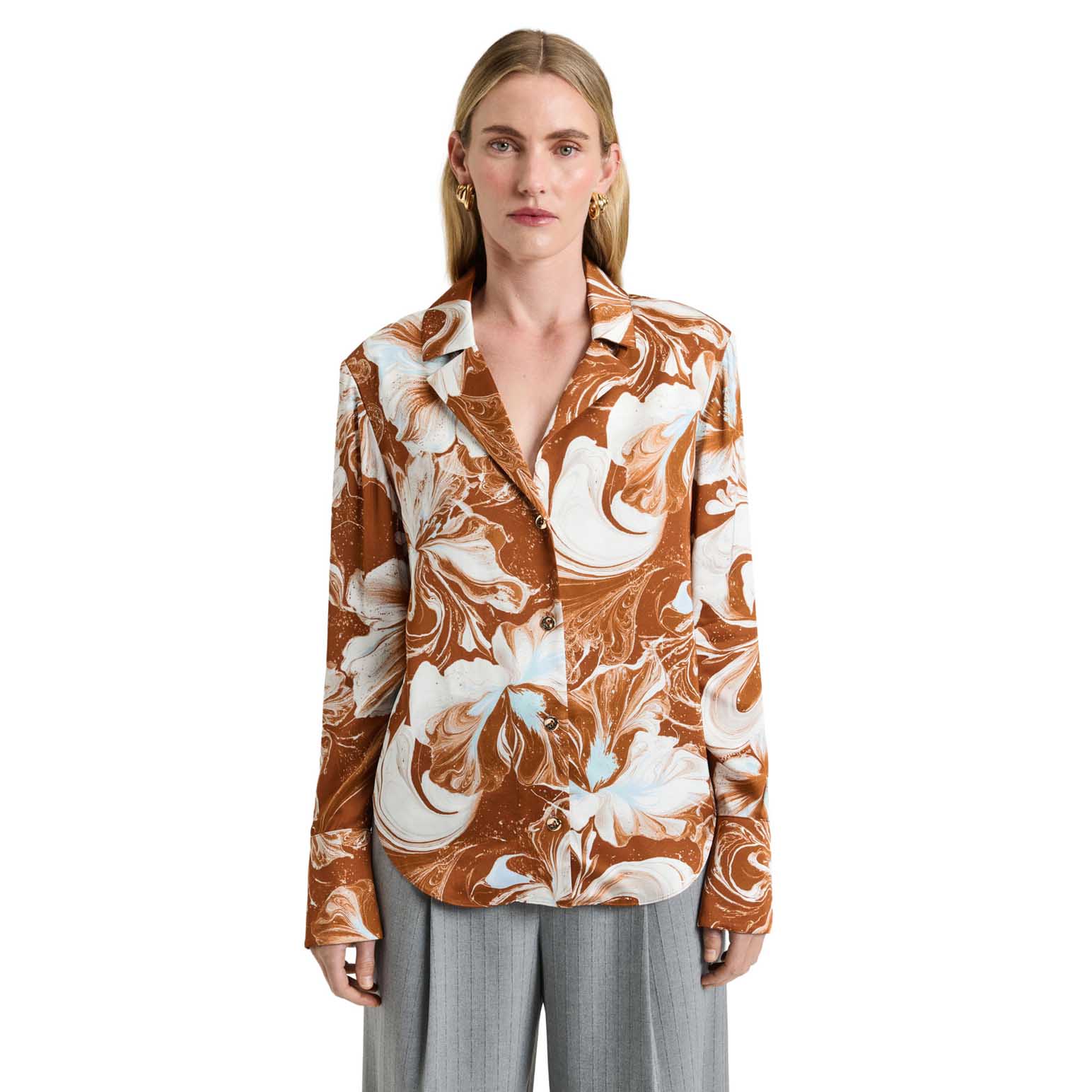 Veronika Maine Marble Floral Satin Shirt